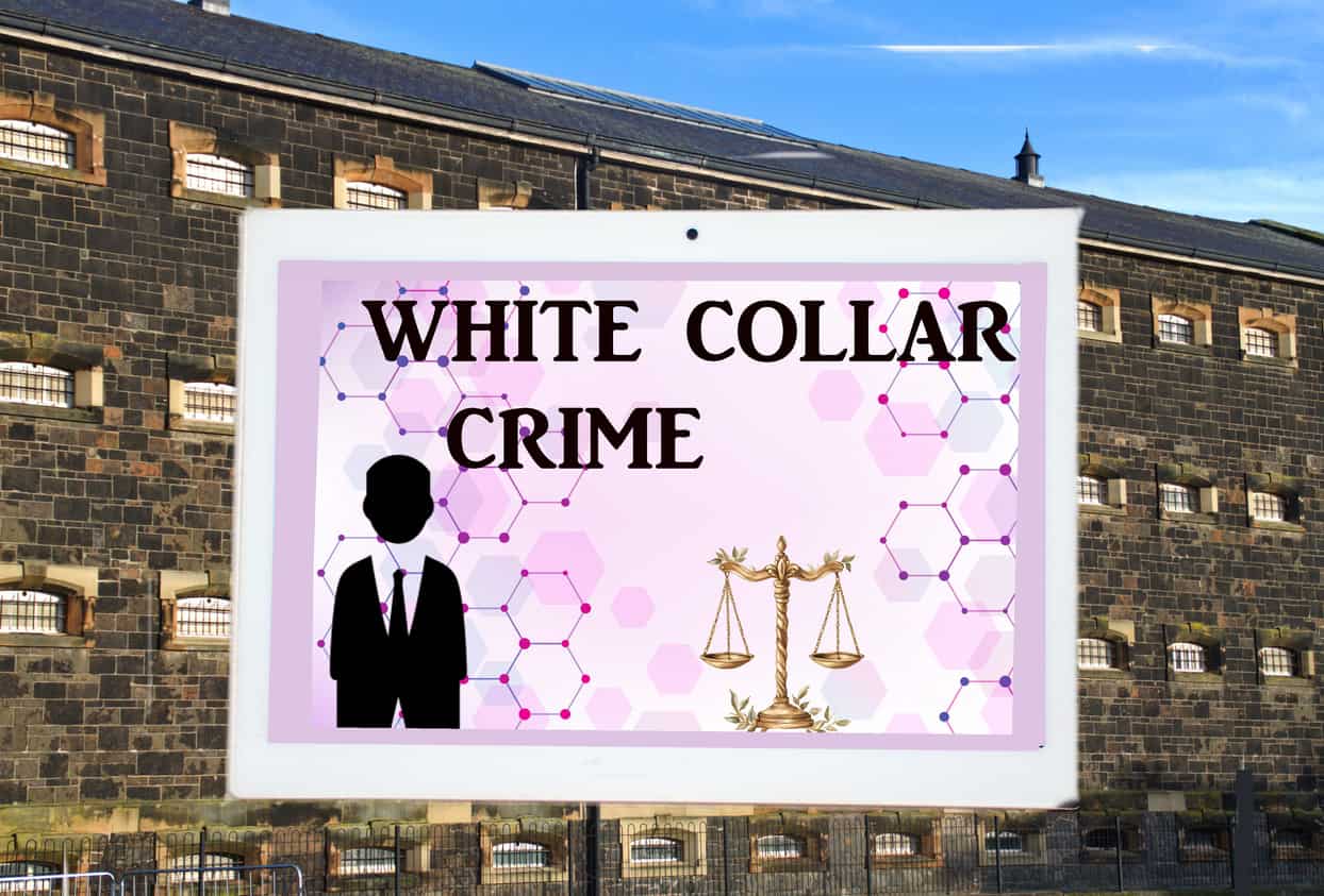White collar crime concept displayed on a tablet with a backdrop of a prison, featuring the scales of justice and a silhouette of a businessperson.