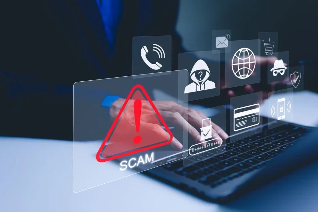 Cyber fraud scam warning with icons of hackers, phishing, credit card theft, and online security risks on laptop."